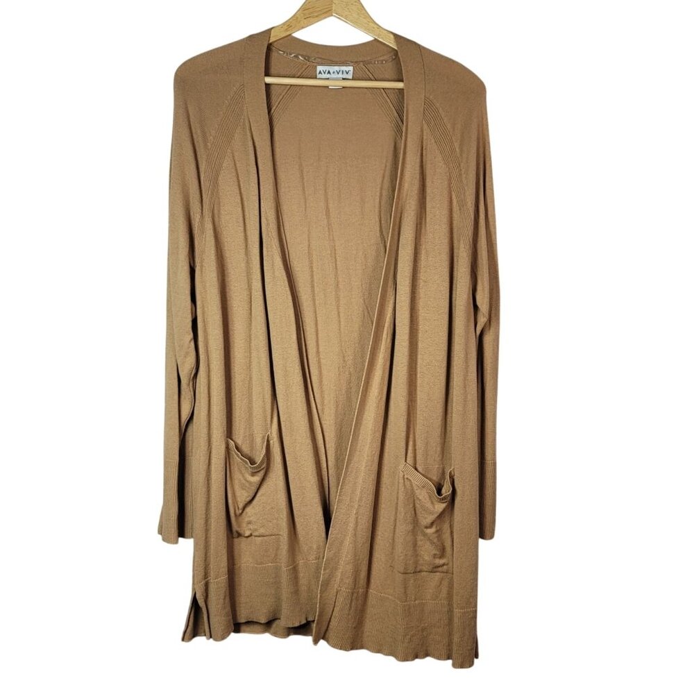 Ava & Viv Sweater Cardigan Duster Brown 1X Knit Long Sleeve Pockets Open Front